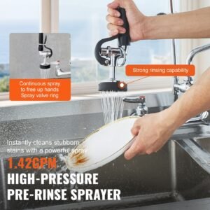 industrial sink faucet, 44" tall, 8" apart, 12" rotating spout, wall mounted, brass made with extendable sprayer, fits single/triple sinks