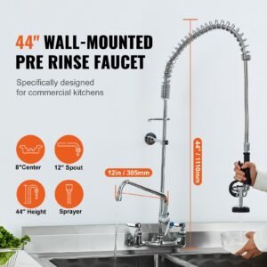 industrial sink faucet, 44" tall, 8" apart, 12" rotating spout, wall mounted, brass made with extendable sprayer, fits single/triple sinks
