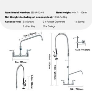 industrial sink faucet, 44" tall, 8" apart, 12" rotating spout, wall mounted, brass made with extendable sprayer, fits single/triple sinks