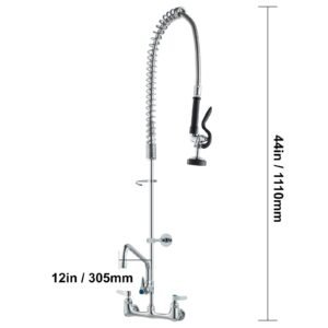 industrial sink faucet, 44" tall, 8" apart, 12" rotating spout, wall mounted, brass made with extendable sprayer, fits single/triple sinks