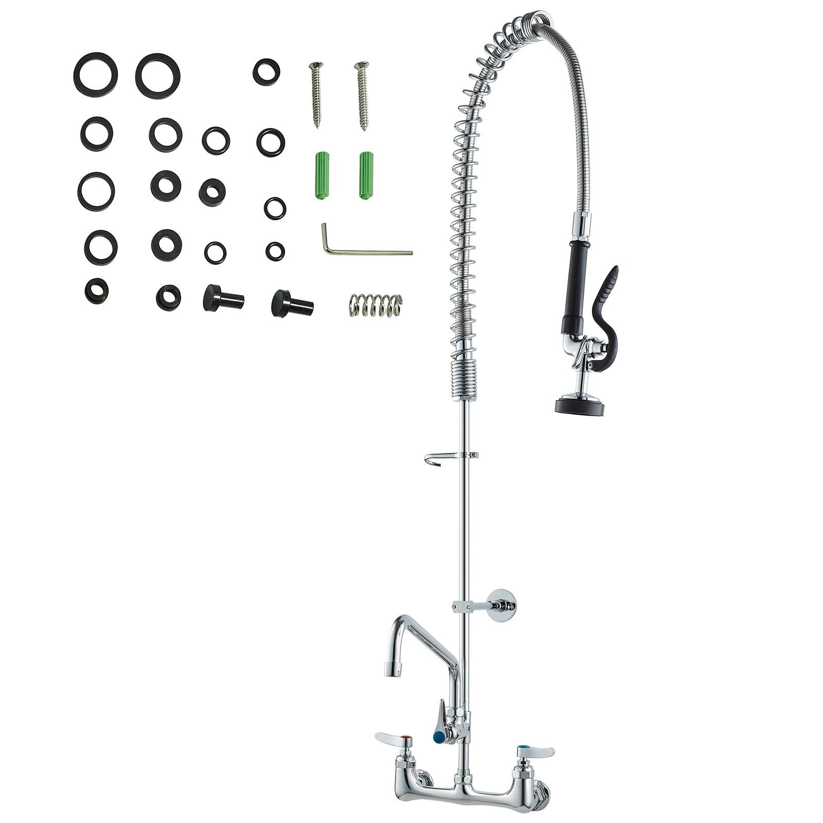 industrial sink faucet, 44" tall, 8" apart, 12" rotating spout, wall mounted, brass made with extendable sprayer, fits single/triple sinks