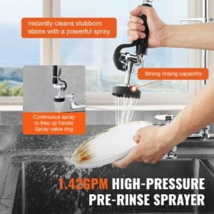 industrial sink faucet, 44" tall, 8" install space, 12" rotating spout, surface mount, brass made with extendable sprayer, suitable for single/triple basin