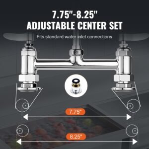 industrial sink faucet, 44" tall, 8" install space, 12" rotating spout, surface mount, brass made with extendable sprayer, suitable for single/triple basin