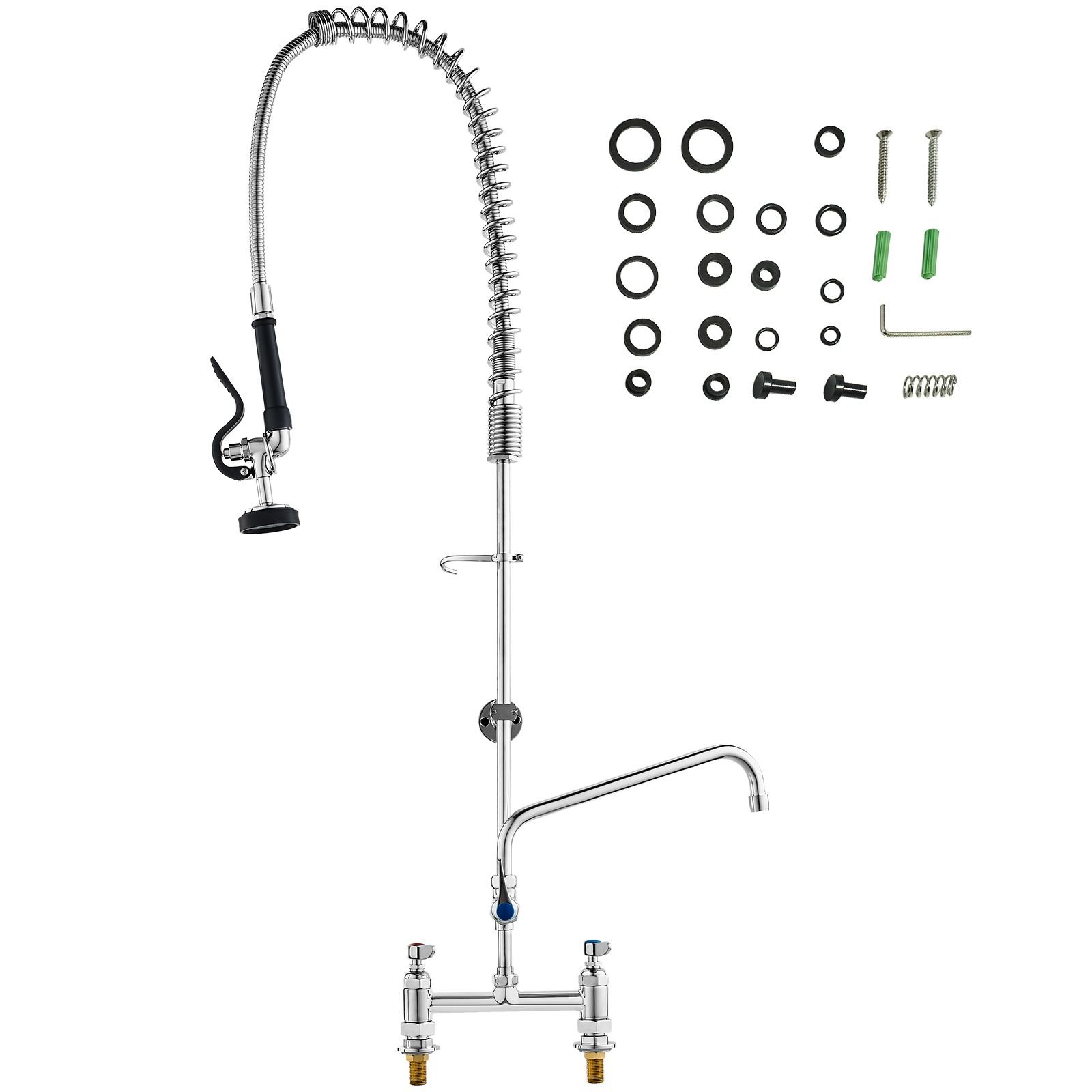 industrial sink faucet, 44" tall, 8" install space, 12" rotating spout, surface mount, brass made with extendable sprayer, suitable for single/triple basin
