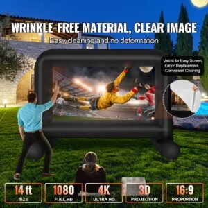 inflatable movie screen, 14 ft inflatable projector screen for outside with blower and carrying bag, front/rear projection, oxford fabric blow up screen for outdoor parties backyard movie night