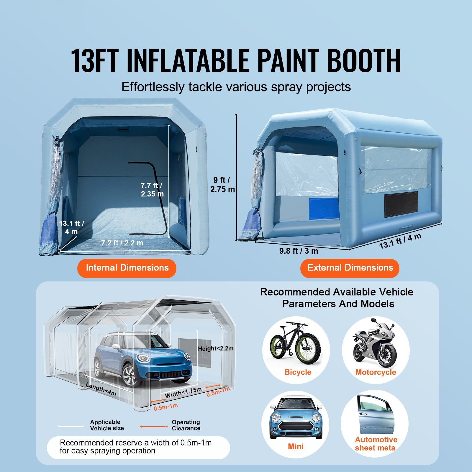 inflatable paint booth, 13.1 x 9.8 x 9 ft inflatable spray booth, with 750w powerful blower and air filter system, portable car paint booth for motorcycle, bicycle, auto part painting