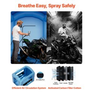 inflatable paint booth, 9.84 x 8.2 x 8.2 ft, inflatable spray booth with 550w powerful blower and air filter system, round roof with light hook, for painting bicycle, motorcycle, and furniture