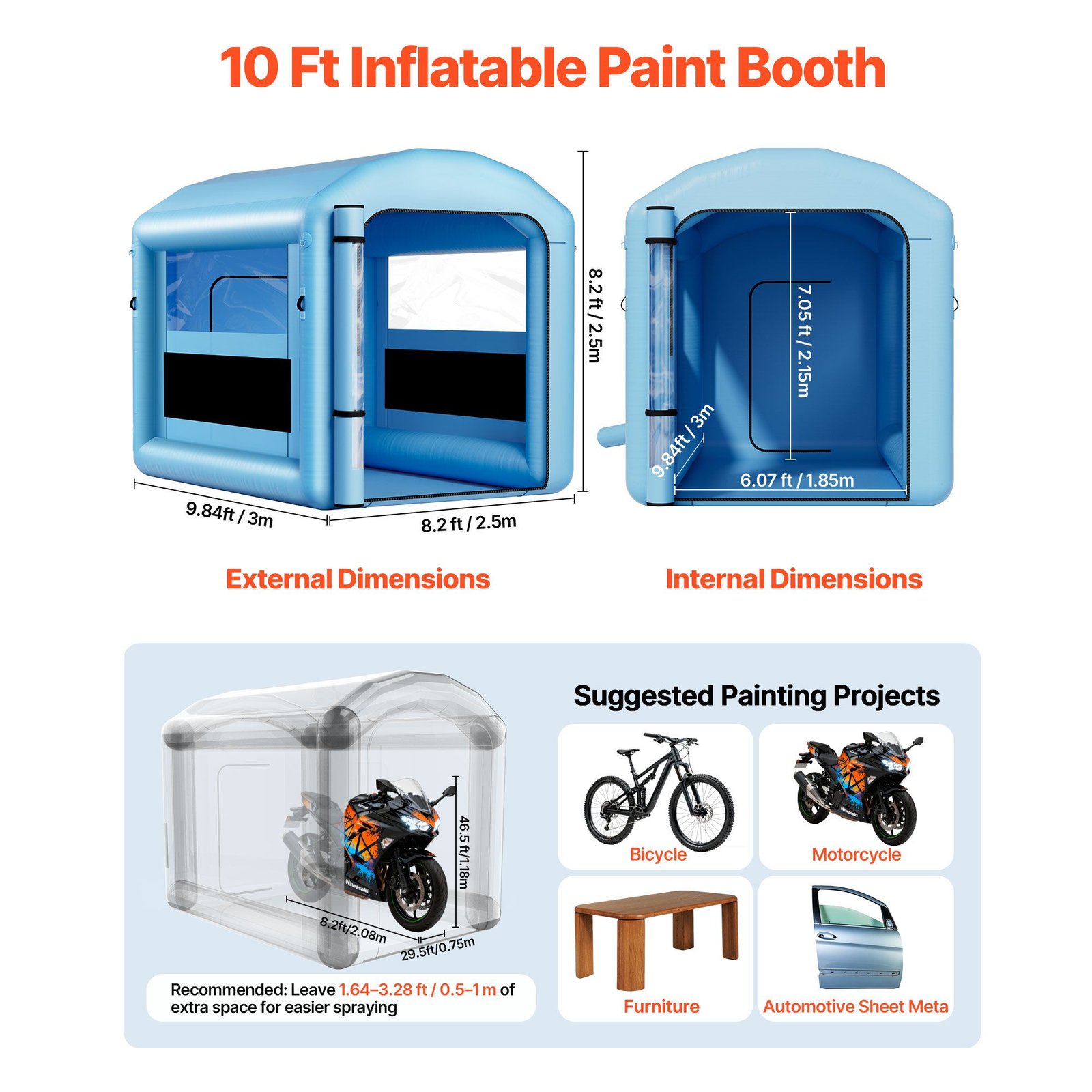 inflatable paint booth, 9.84 x 8.2 x 8.2 ft, inflatable spray booth with 550w powerful blower and air filter system, round roof with light hook, for painting bicycle, motorcycle, and furniture