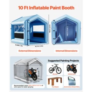 inflatable paint booth, 9.84 x 8.2 x 8.2 ft, inflatable spray booth with 550w powerful blower and air filter system, triangular roof, for painting bicycle, motorcycle, automotive sheet metal