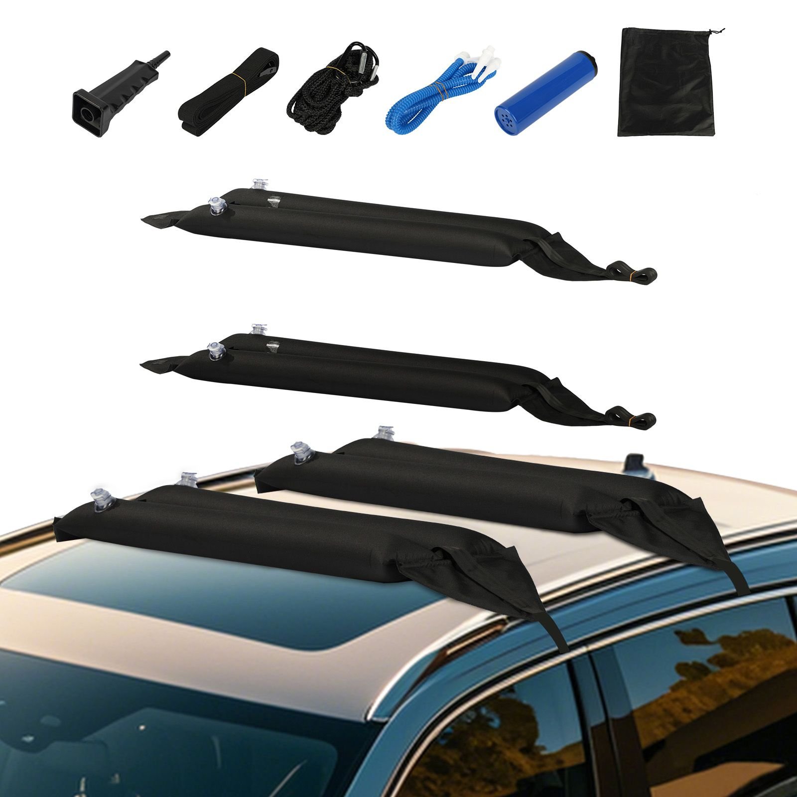 inflatable soft roof rack bars, 37.6 inch universal car roof rack pads, 88lbs loading luggage kayak carrier with 2 tie down straps & ropes, hand air pump, storage bag for canoes surfboards sups