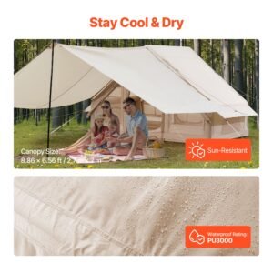 inflatable tents for camping, 3 5 person easy setup blow up tent with hand pump, 300d oxford 4 season glamping tent with canopy, stove jack, 2 doors & 2 mesh windows (storage bag included)