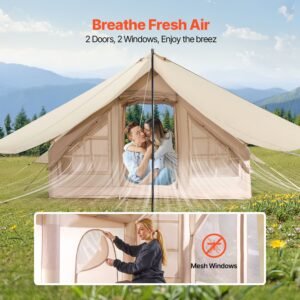 inflatable tents for camping, 3 5 person easy setup blow up tent with hand pump, 300d oxford 4 season glamping tent with canopy, stove jack, 2 doors & 2 mesh windows (storage bag included)