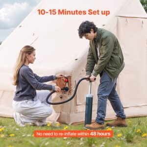 inflatable tents for camping, 3 5 person easy setup blow up tent with hand pump, 300d oxford 4 season glamping tent with stove jack 2 doors & 2 mesh windows, storage bag included for easy taking