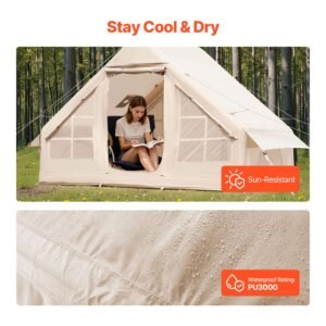 inflatable tents for camping, 3 5 person easy setup blow up tent with hand pump, 300d oxford 4 season glamping tent with stove jack 2 doors & 2 mesh windows, storage bag included for easy taking