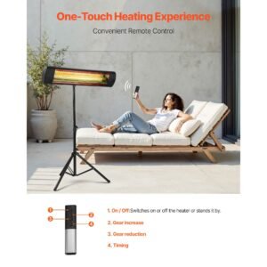 infrared heater, 1500w electric space heater with remote control, led screen w/ 3 speeds & timer, outdoor/outdoor for patio,porch,dining room,studio