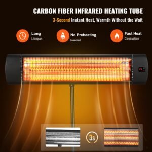 infrared heater, 1500w remote control electric space heater, led screen patio heater w/ 3 speeds & timer, outdoor/outdoor for porch,dining room,studio, with stand & mount to ceiling/wall,34in l