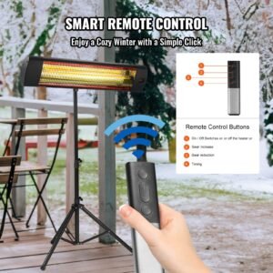 infrared heater, 1500w remote control electric space heater, led screen patio heater w/ 3 speeds & timer, outdoor/outdoor for porch,dining room,studio, with stand & mount to ceiling/wall,34in l