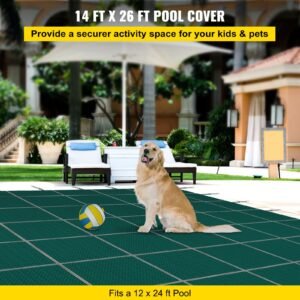 inground pool safety cover, 14 ft x 26 ft rectangular winter pool cover, triple stitched, high strength mesh pp material with good rain permeability, installation hardware included, green