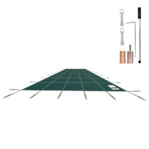 Inground Pool Safety Cover, 14 ft x 26 ft Rectangular Winter Pool Cover, Triple Stitched, High Strength Mesh PP Material with Good Rain Permeability, Installation Hardware Included, Green