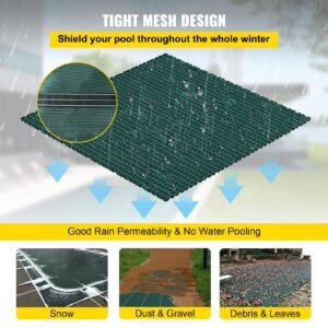inground pool safety cover, 14 ft x 26 ft rectangular winter pool cover, triple stitched, high strength mesh pp material with good rain permeability, installation hardware included, green