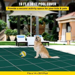 inground pool safety cover, 16 ft x 30 ft rectangular winter pool cover, triple stitched, high strength mesh pp material with good rain permeability, installation hardware included, green