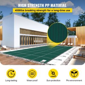 inground pool safety cover, 16 ft x 30 ft rectangular winter pool cover, triple stitched, high strength mesh pp material with good rain permeability, installation hardware included, green
