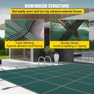 inground pool safety cover, 16 ft x 30 ft rectangular winter pool cover, triple stitched, high strength mesh pp material with good rain permeability, installation hardware included, green