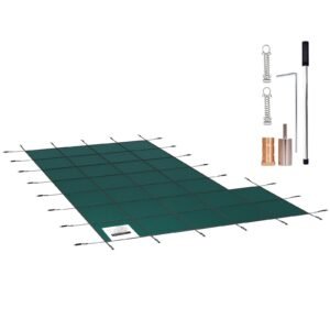 Inground Pool Safety Cover, 18 ft x 34 ft Rectangular Winter Pool Cover with Left Step, Triple Stitched, High Strength Mesh PP Material, Good Rain Permeability, Installation Hardware Included