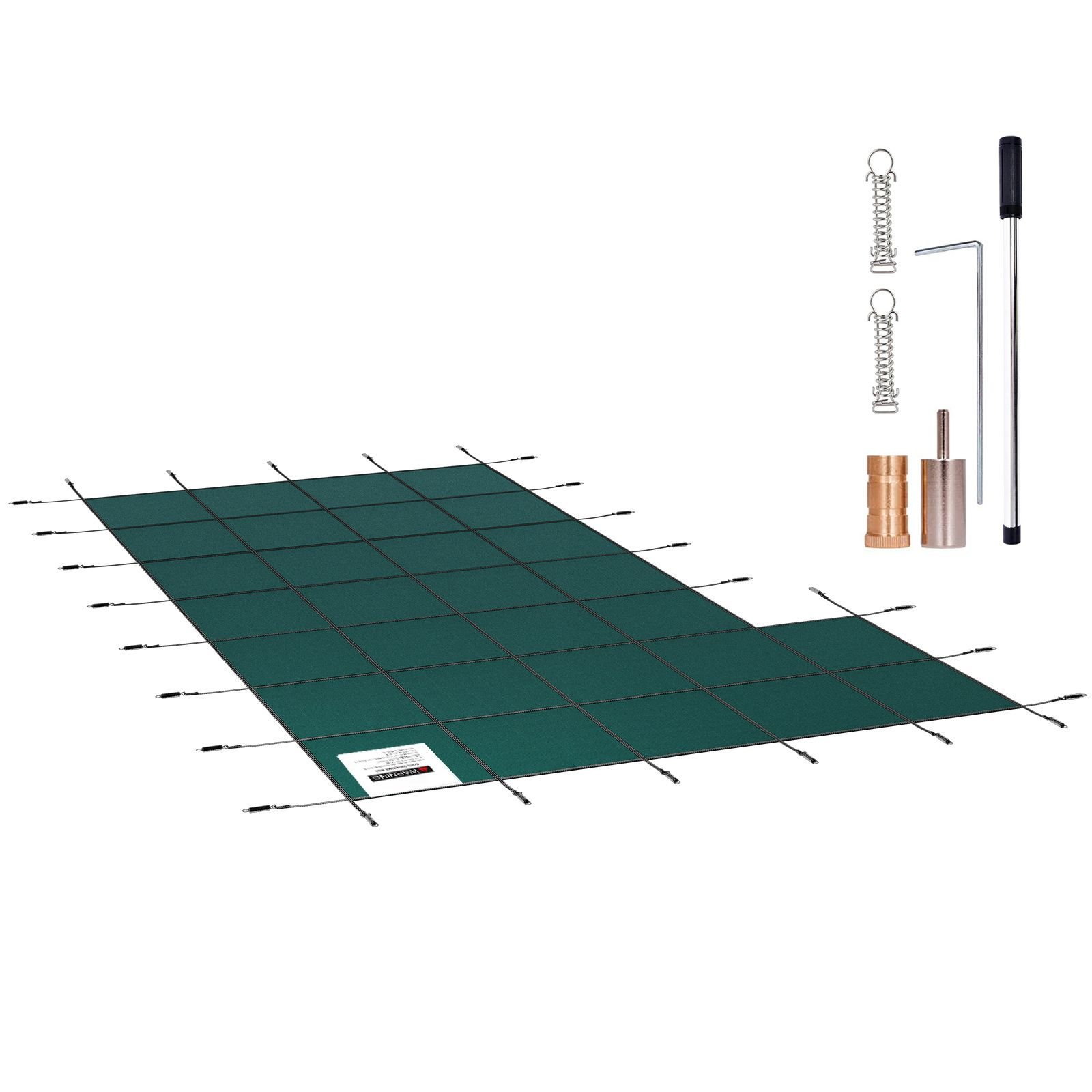 inground pool safety cover, 18 ft x 34 ft rectangular winter pool cover with left step, triple stitched, high strength mesh pp material, good rain permeability, installation hardware included