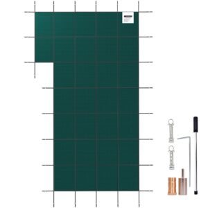 inground pool safety cover, 18 ft x 34 ft rectangular winter pool cover with left step, triple stitched, high strength mesh pp material, good rain permeability, installation hardware included