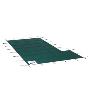 inground pool safety cover, 18 ft x 34 ft rectangular winter pool cover with left step, triple stitched, high strength mesh pp material, good rain permeability, installation hardware included