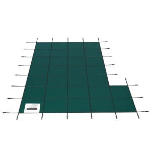 inground pool safety cover, 18 ft x 34 ft rectangular winter pool cover with left step, triple stitched, high strength mesh pp material, good rain permeability, installation hardware included