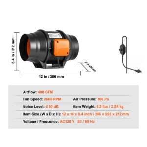 inline duct fan, 6 inch 400 cfm with variable speed controller, quiet ac motor ventilation exhaust fan for cooling booster, grow tents, hydroponics