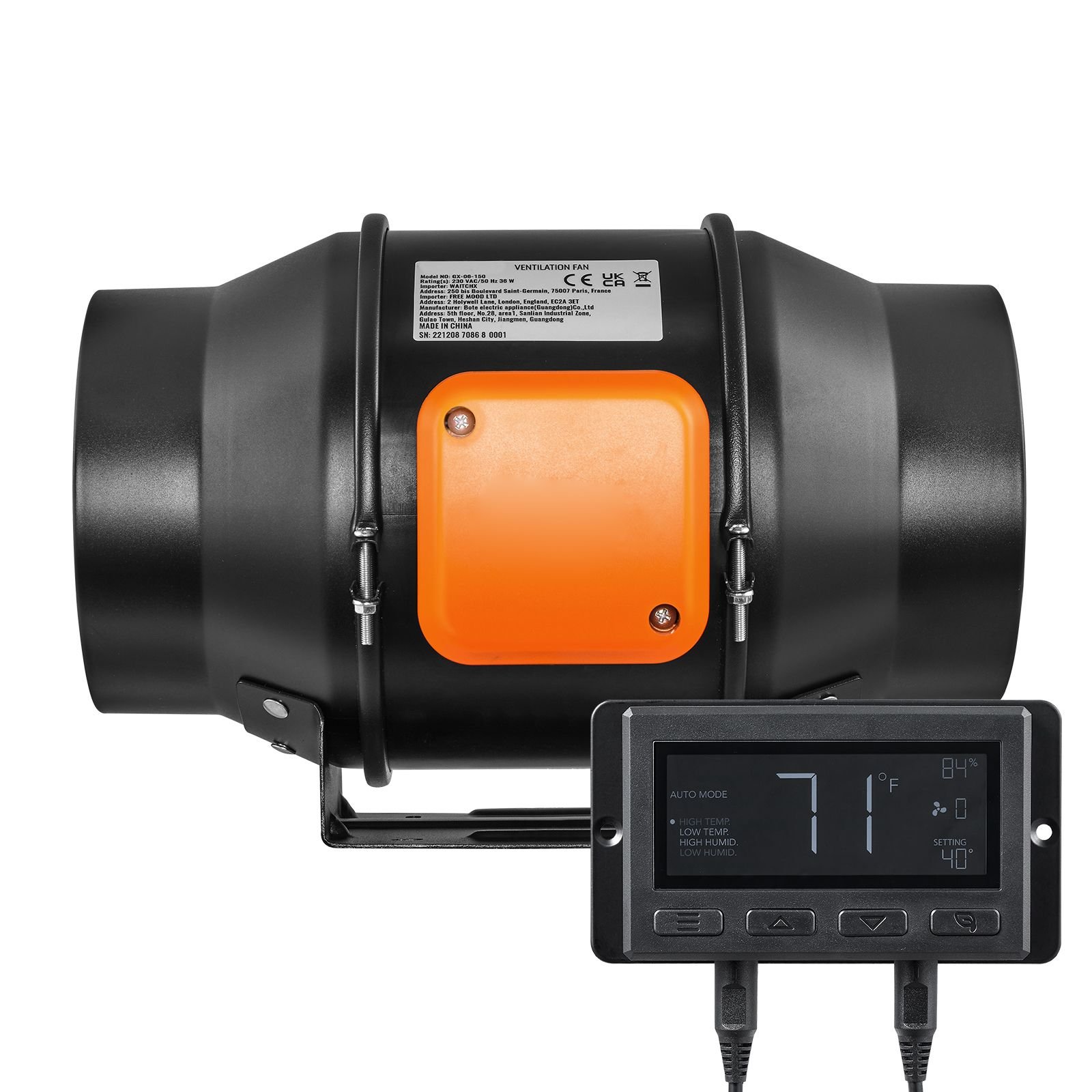 inline duct fan, 6 inch 402 cfm with temperature humidity controller, quiet ec motor ventilation exhaust fan for cooling booster, grow tents, hydroponics