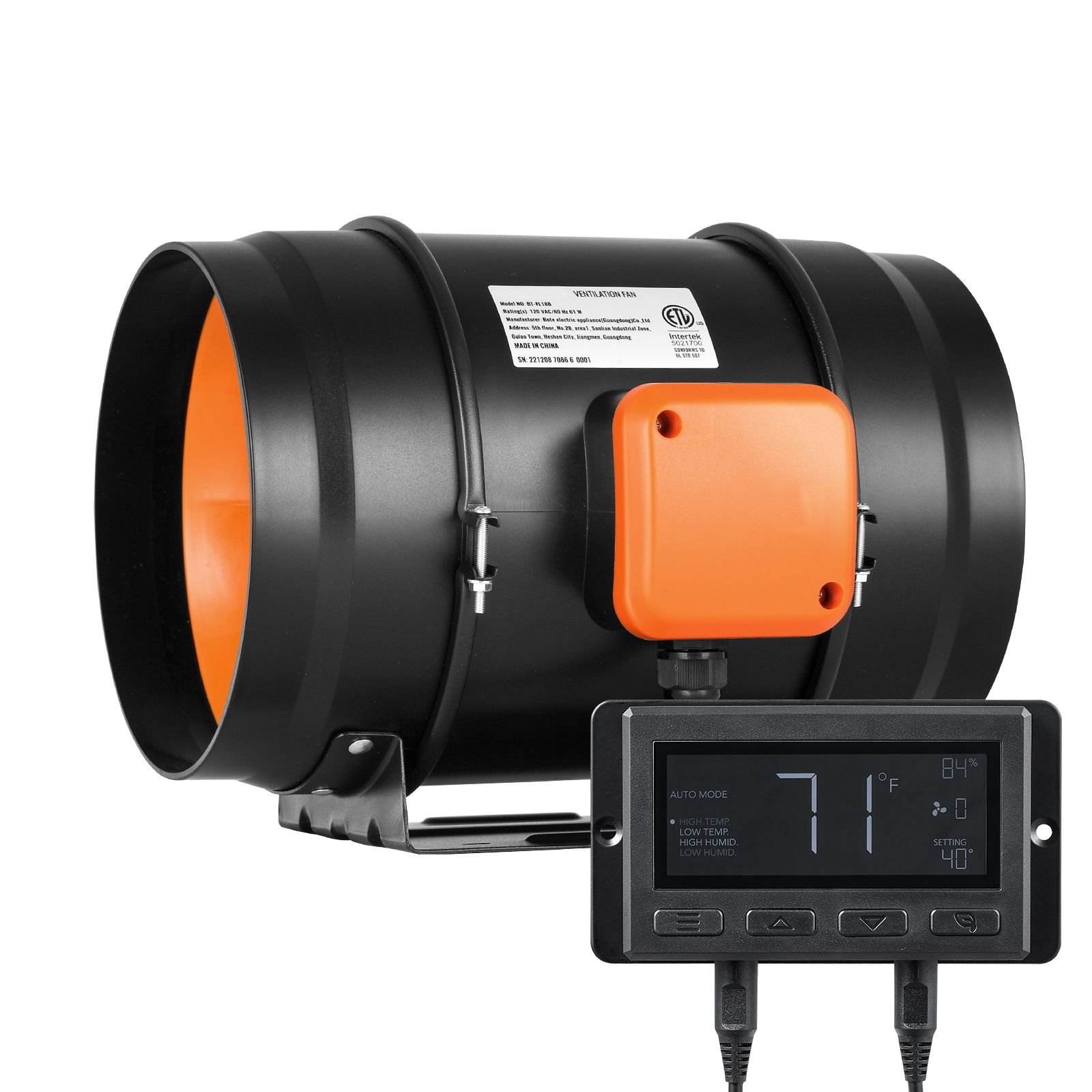 inline duct fan, 8 inch 807 cfm with temperature humidity controller, quiet ec motor ventilation exhaust fan for cooling booster, grow tents, hydroponics