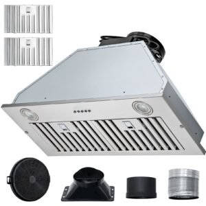 Insert Range Hood, 800CFM 3-Speed, 30 Inch Stainless Steel Built-in Kitchen Vent with Push Button Control LED Lights Baffle Filters, Ducted/Ductless Convertible, ETL Listed