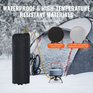 insulated band style gas cylinder warmer, fits 100 lbs gas tanks 280w propane heater, fixed internal thermostat max temp 90 fahrenheit, durable waterproof oxford fabric, fcc listed