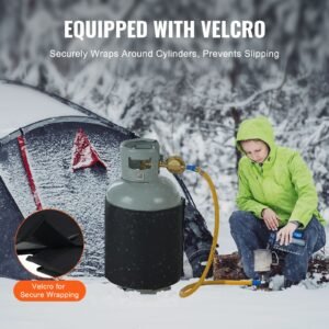 insulated band style gas cylinder warmer, fits 40 lbs gas tanks 120w propane heater, fixed internal thermostat max temp 90 fahrenheit, durable waterproof oxford fabric, fcc listed