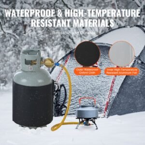 insulated band style gas cylinder warmer, fits 40 lbs gas tanks 120w propane heater, fixed internal thermostat max temp 90 fahrenheit, durable waterproof oxford fabric, fcc listed