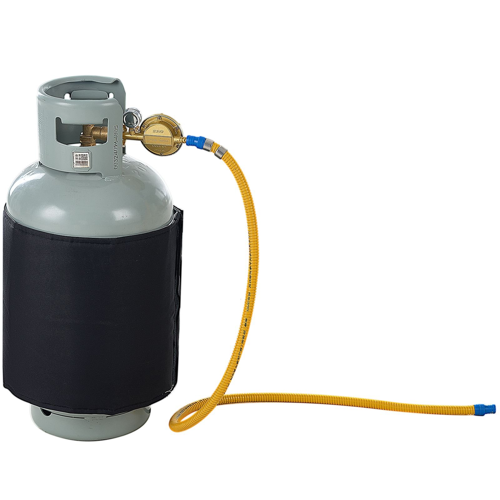 insulated band style gas cylinder warmer, fits 40 lbs gas tanks 120w propane heater, fixed internal thermostat max temp 90 fahrenheit, durable waterproof oxford fabric, fcc listed