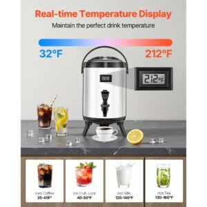 insulated beverage dispenser, 1.5 gal/6l stainless steel thermal drink server with spigot & temp display, suitable for hot and cold drinks, for tea coffee water in cafes & restaurants, silver
