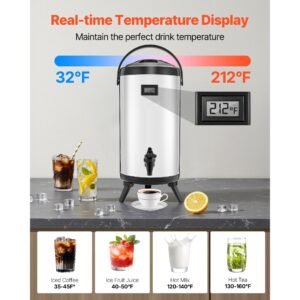 insulated beverage dispenser, 2.4 gal/9.2l stainless steel thermal drink server with spigot & temp display, suitable for hot and cold drinks, for tea coffee water in cafes & restaurants, silver