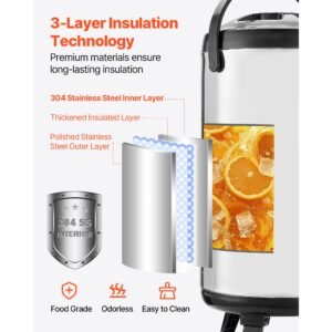 insulated beverage dispenser, 2.4 gal/9.2l stainless steel thermal drink server with spigot & temp display, suitable for hot and cold drinks, for tea coffee water in cafes & restaurants, silver