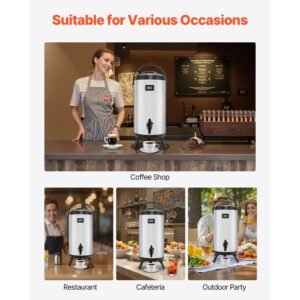 insulated beverage dispenser, 2.4 gal/9.2l stainless steel thermal drink server with spigot & temp display, suitable for hot and cold drinks, for tea coffee water in cafes & restaurants, silver