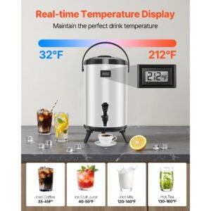 insulated beverage dispenser, 3.2 gal/12l stainless steel thermal drink server with spigot & temp display, suitable for hot and cold drinks, for tea coffee water in cafes & restaurants, 2 pack