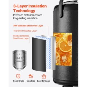 insulated beverage dispenser, 3.2 gal/12l stainless steel thermal drink server with spigot & temp display, suitable for hot and cold drinks, for tea coffee water in cafes & restaurants, black