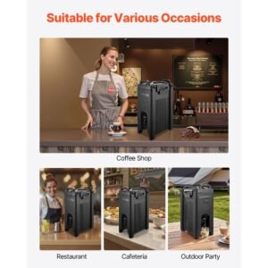 insulated beverage dispenser, 5 gal/19l hot and cold beverage server with spigot & handle, food grade thermal drink dispenser cooler for tea coffee water in cafes & restaurants, 2 pack, black