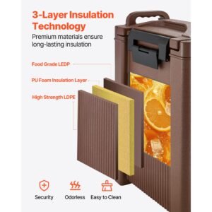 insulated beverage dispenser, 5 gal/19l hot and cold beverage server with spigot & handle, food grade thermal drink dispenser cooler for tea coffee water in cafes & restaurants, brown