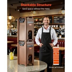 insulated beverage dispenser, 5 gal/19l hot and cold beverage server with spigot & handle, food grade thermal drink dispenser cooler for tea coffee water in cafes & restaurants, brown