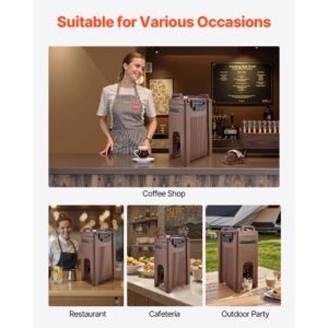 insulated beverage dispenser, 5 gal/19l hot and cold beverage server with spigot & handle, food grade thermal drink dispenser cooler for tea coffee water in cafes & restaurants, brown